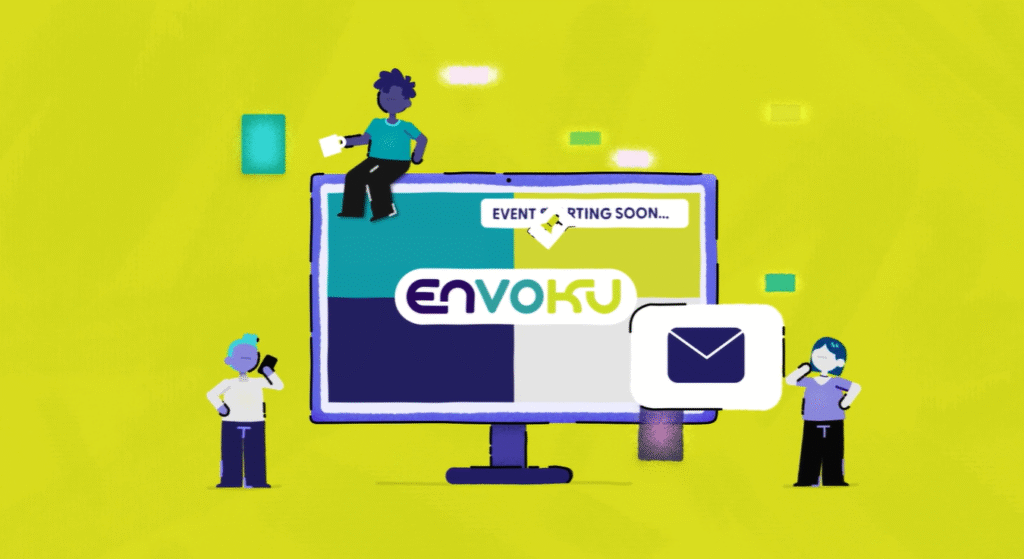 Graphic illustrating the launch of Live Group’s Envoku platform, featuring an interface design that highlights audience engagement and personalised event experiences.