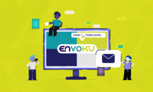 Graphic illustrating the launch of Live Group’s Envoku platform, featuring an interface design that highlights audience engagement and personalised event experiences.