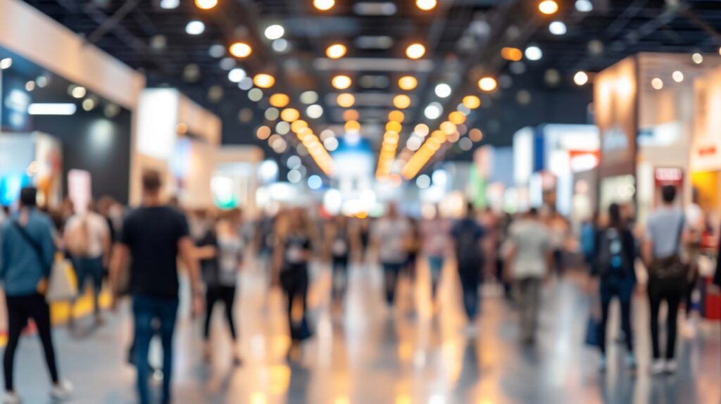 Blurry image capturing the bustling atmosphere of a trade show, with many attendees moving between booths and exhibits.