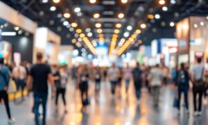 Blurry image capturing the bustling atmosphere of a trade show, with many attendees moving between booths and exhibits.