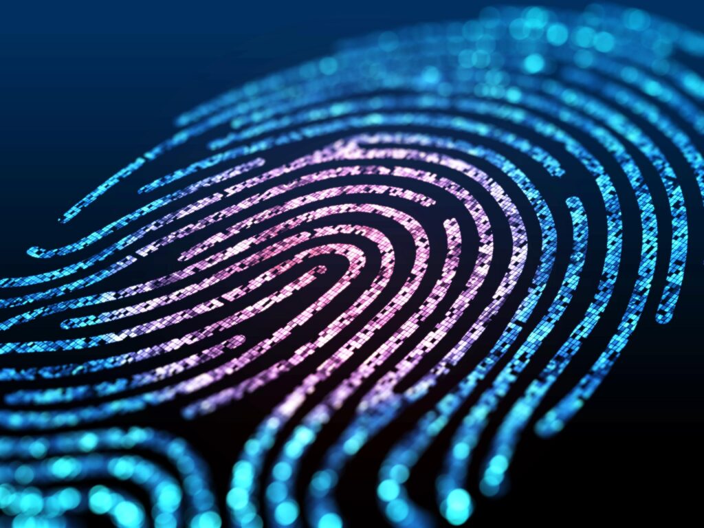 Stylised digital fingerprint in blue and purple tones, symbolising identity, personalisation, and artificial intelligence technology