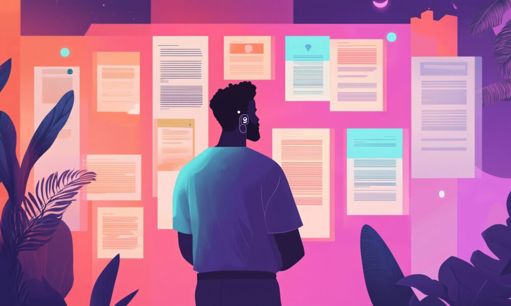 Illustration of a person viewing a multi-feed screen with personalised content, representing tailored event experiences through smart technology.