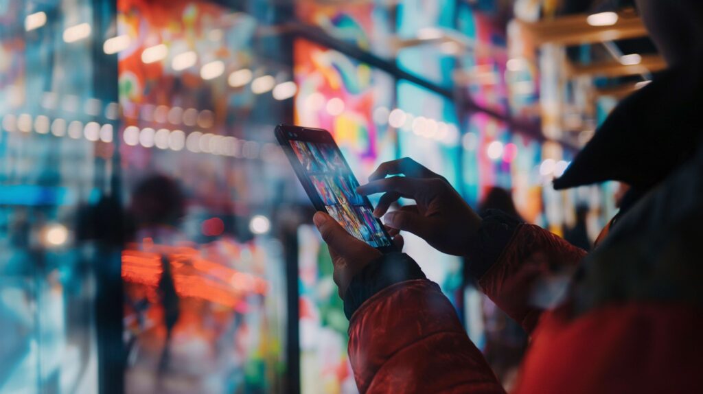 Person viewing a customised content feed on their phone at a personalised event, highlighting individualised digital experiences.