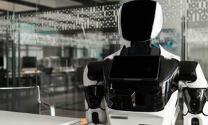 Robot interacting with attendees at an AI-enhanced event, showcasing advanced technology and innovative audience engagement.