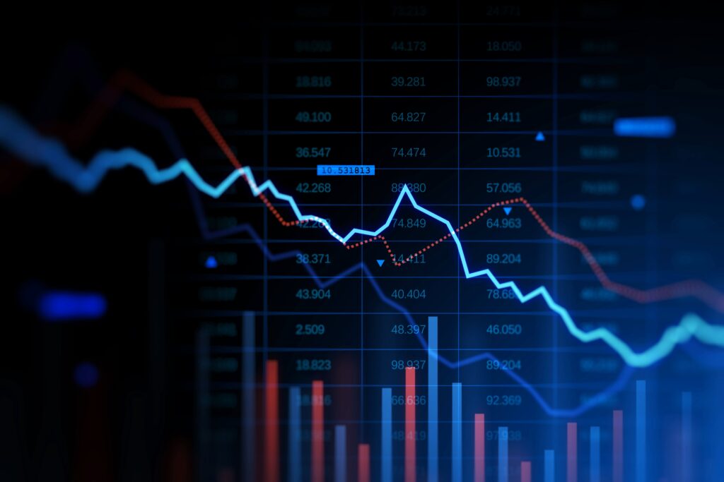 Line graph depicting a sharp decline in stock market performance, symbolising economic downturn or financial instability
