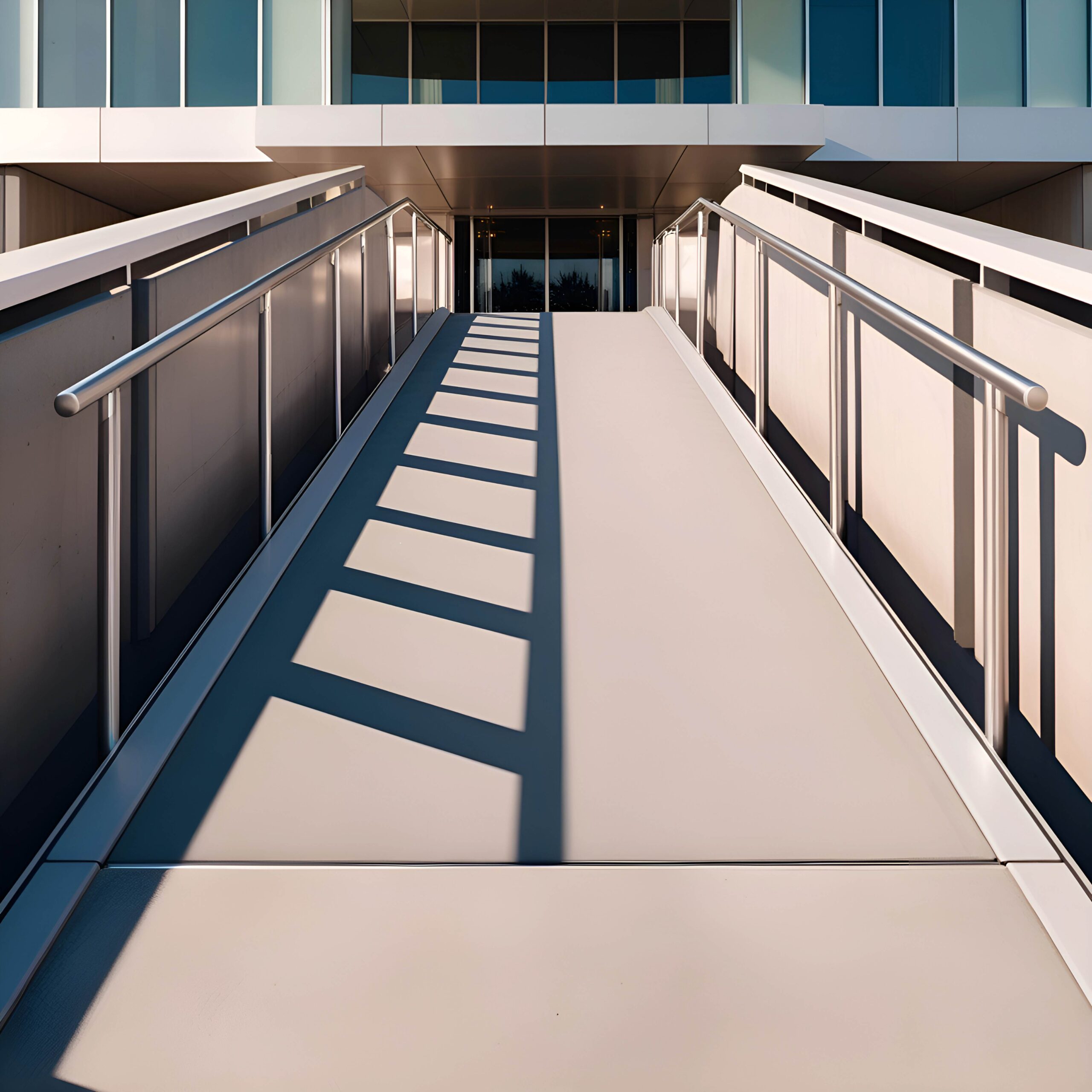 Accessibility ramp leading to the entrance of a building, designed to ensure inclusive access for all attendees.