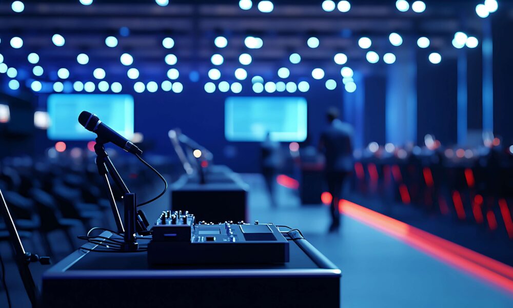 Corporate event sounddesk setup featuring a microphone and audio control equipment to manage event sound quality