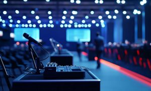 Corporate event sounddesk setup featuring a microphone and audio control equipment to manage event sound quality