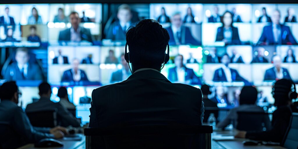 Person viewing a screen with multiple displays during a hybrid event, managing both in-person and virtual participants