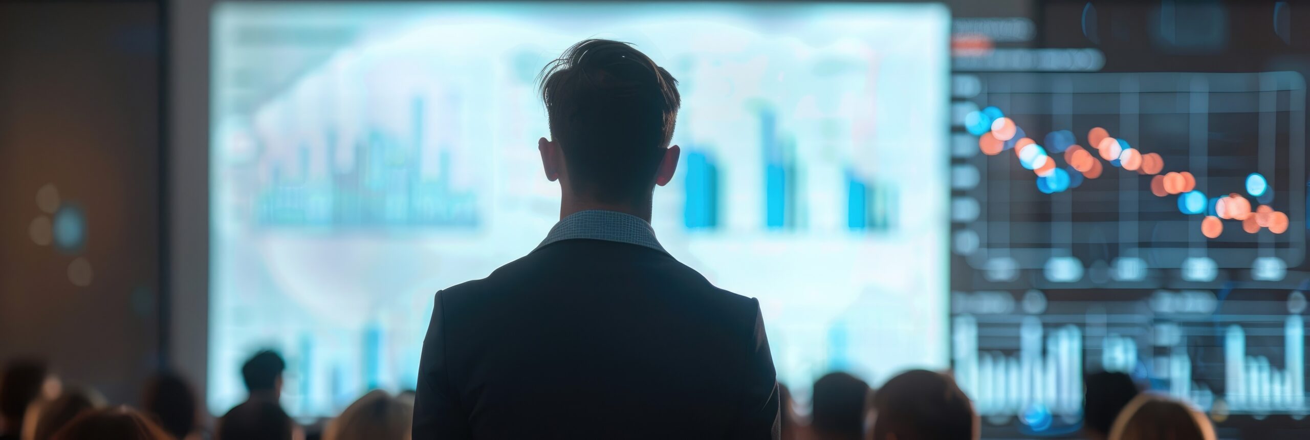 Individual analysing a large screen displaying an ROI chart, focused on interpreting performance and data insights