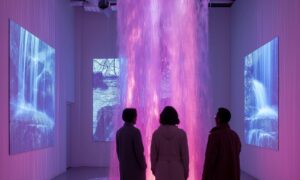 Immersive experiential event featuring an indoor waterfall illuminated by dark purple neon lighting, with three people standing nearby observing the installation.