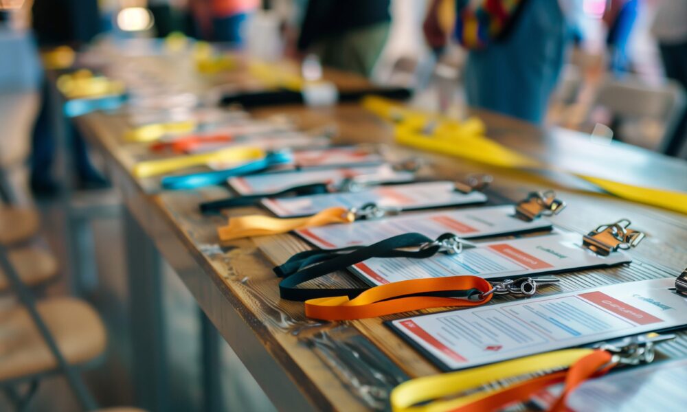 A collection of event badges laid out across a table, ready for attendee check-in and registration.