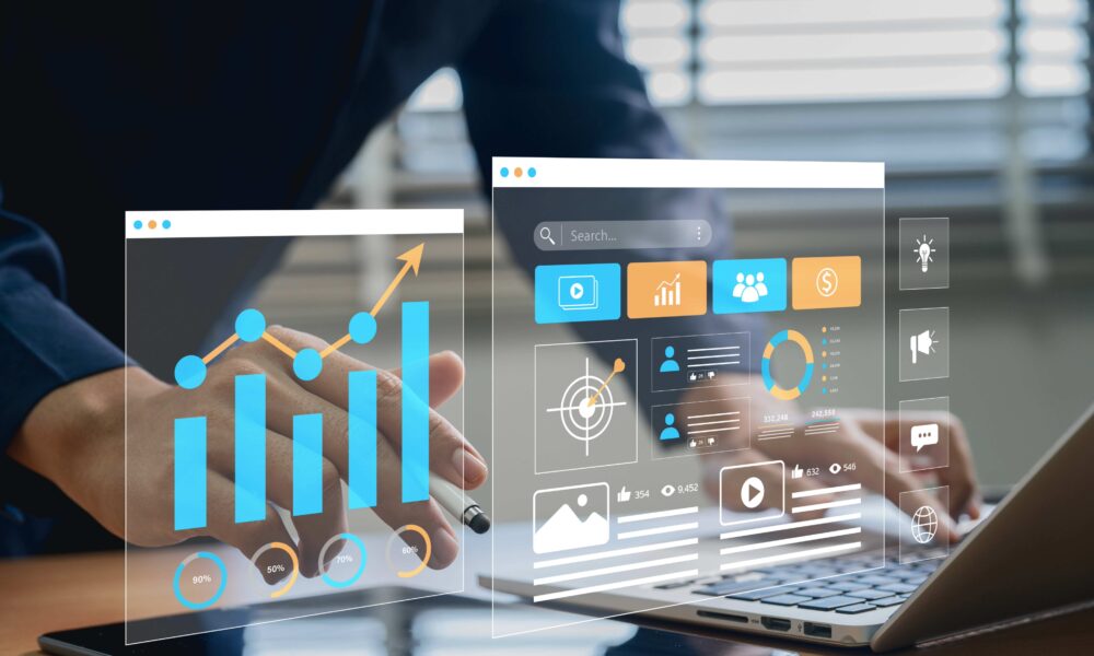 Digital dashboard displaying event promotion analytics and audience engagement data on a large screen