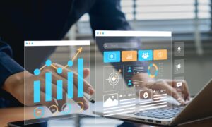 Digital dashboard displaying event promotion analytics and audience engagement data on a large screen