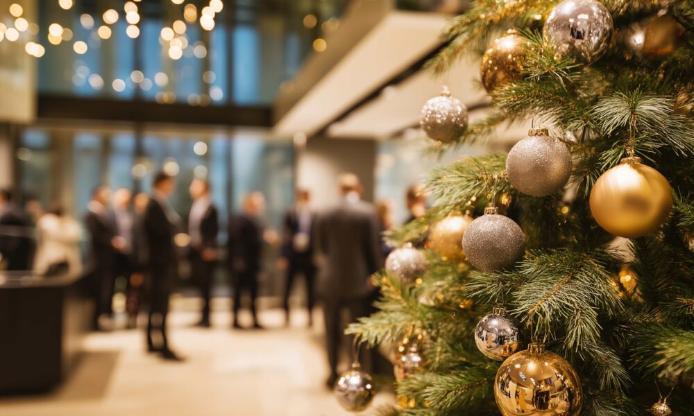 Corporate Christmas party in a modern office setting with a decorated Christmas tree and employees celebrating together in the background, reflecting festive workplace culture and team appreciation.