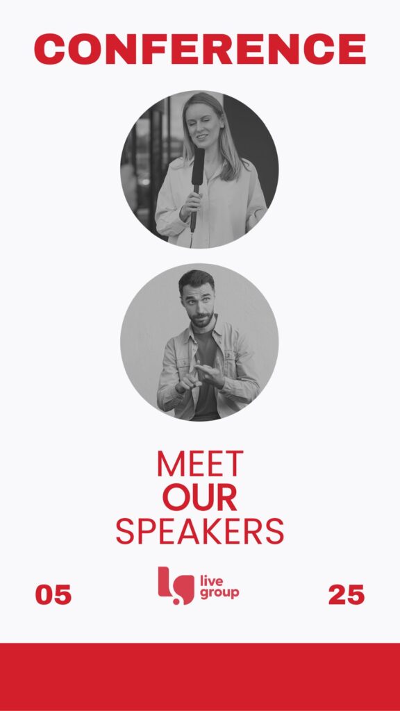 Mobile event app displaying a speaker profile with photo, job title, and session details.