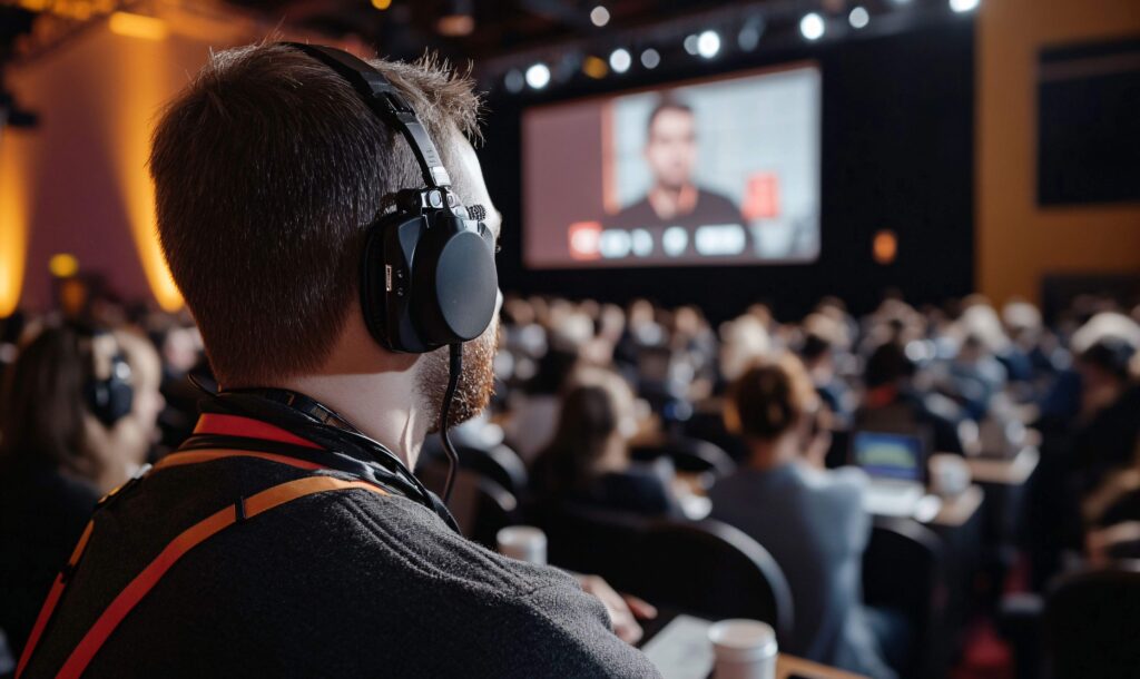 Attendee at event listening to hybrid event content with headphones