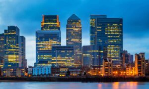 Skyline of Canary Wharf, London. A key destination for finance and fintech events.