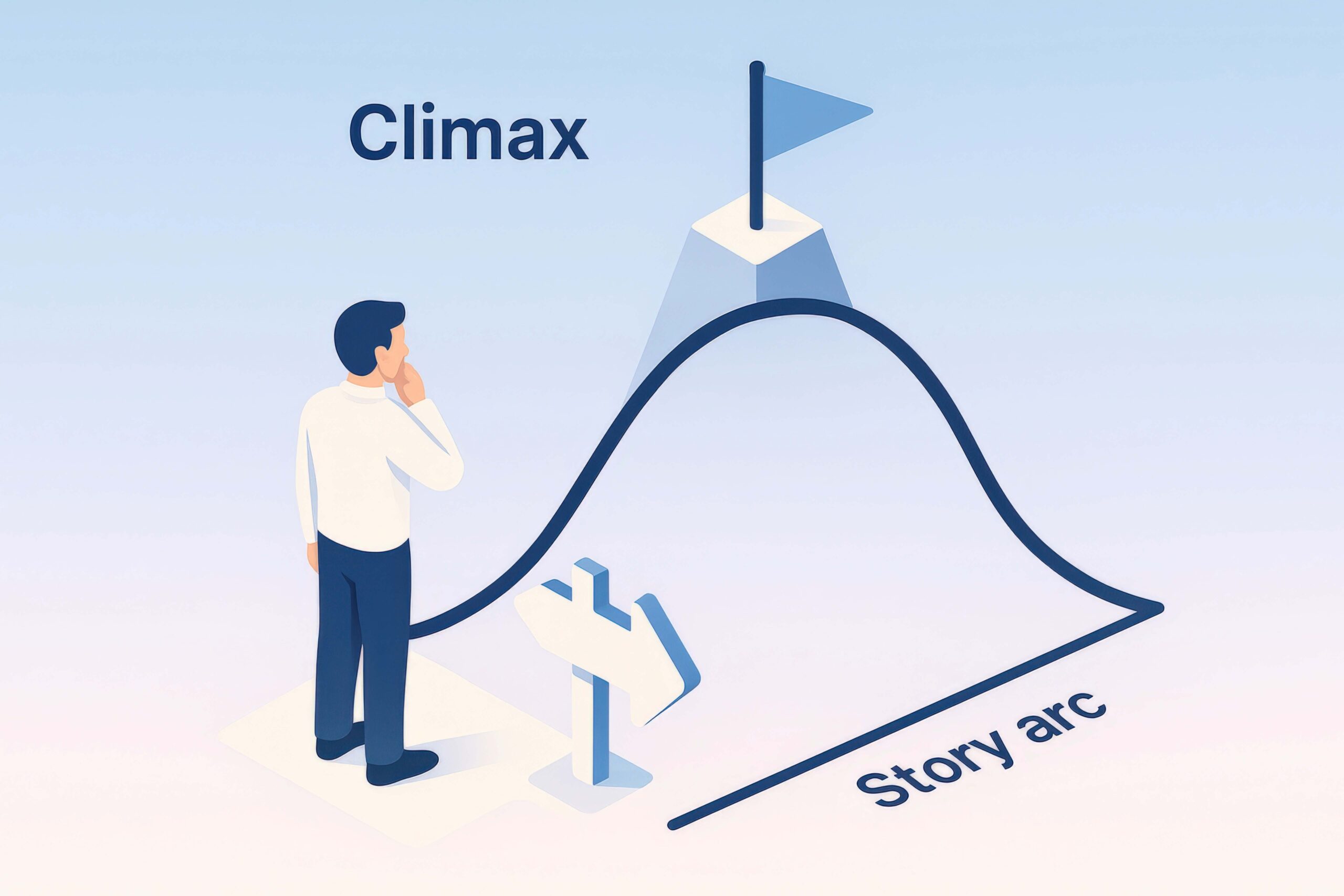 Simple narrative arc diagram showing the structure of storytelling used in internal communications, from setup through conflict to resolution, illustrating how messages build engagement and understanding over time.