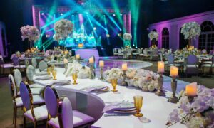 A table set up at a conference. Example of corporate event decoration.