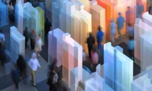Hybrid audience at event with metrics visualiser.